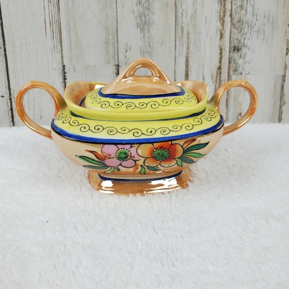 Lusterware Ceramic Floral Sugar Bowl with Lid Yellow Tan